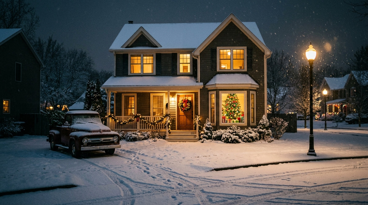 Cozy Winter Christmas Suburban House Digital Stock Photo – Snowy Night Scene with Vintage Pickup Truck, Illuminated Tree, and Warm Lights for Holiday Marketing & Commercial Use