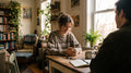 Cozy Morning Coffee Chat - Young Couple at Dining Table in Vintage Apartment Stock Photo | 35mm Film Grain Aesthetic Digital Download