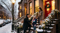 Cozy Winter Family Moment on Christmas Townhouse Steps - High Resolution Digital Photo