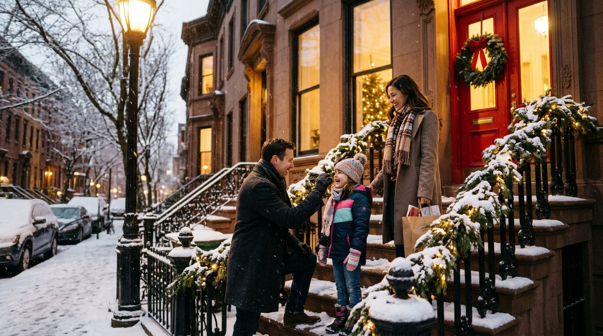 Cozy Winter Family Moment on Christmas Townhouse Steps - High Resolution Digital Photo