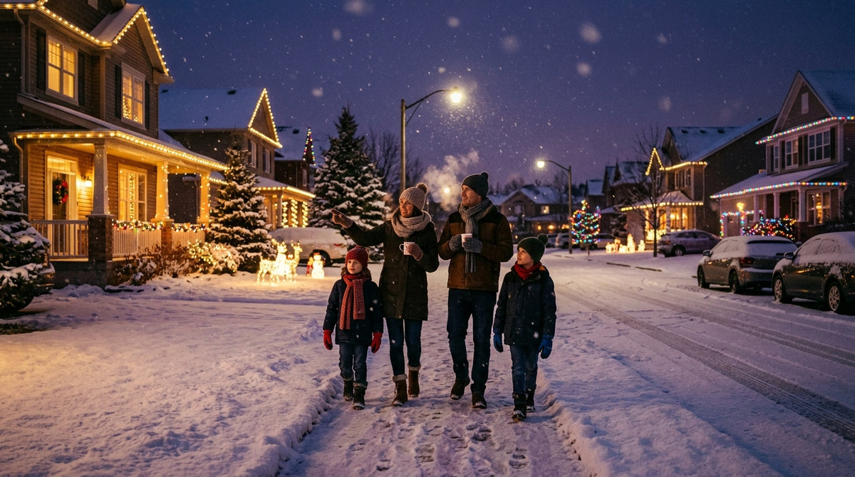 Cozy Winter Family Walk in a Snow-Covered Suburban Neighborhood at Twilight – High-Resolution Digital Stock Photo for Holiday Marketing, Christmas Cards, and Seasonal Web Design