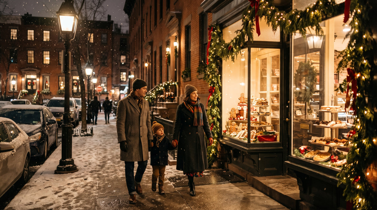 Cozy Winter Family Stroll Past Festive Bakery Window | High-Resolution Digital Stock Photo for Holiday Marketing, Blogs, and Commercial Use