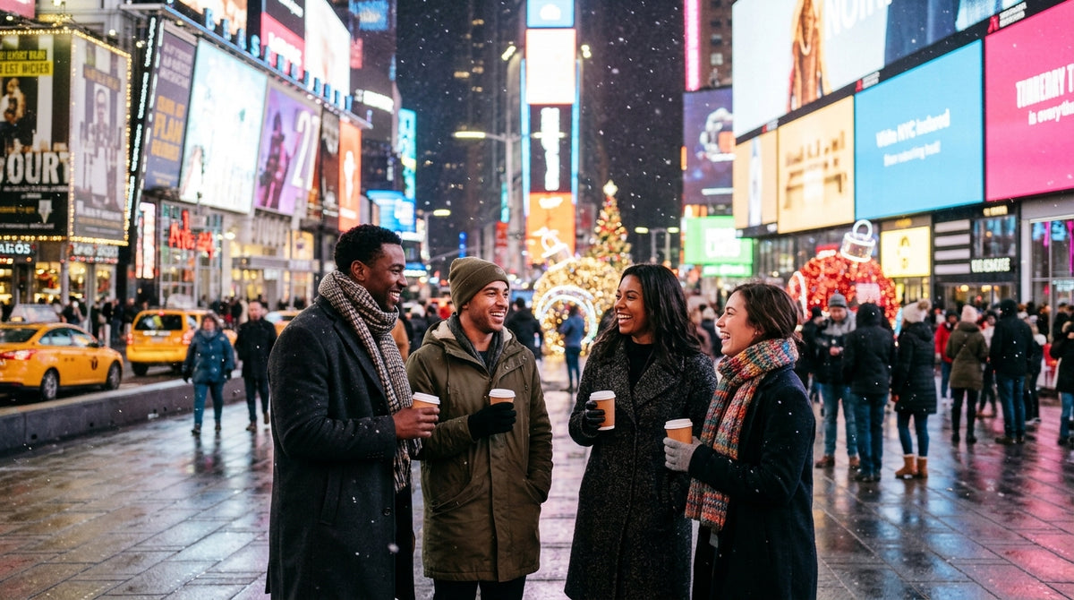 Diverse Friends Enjoying Coffee in Times Square During Winter Holiday Season – High-Res Stock Photo