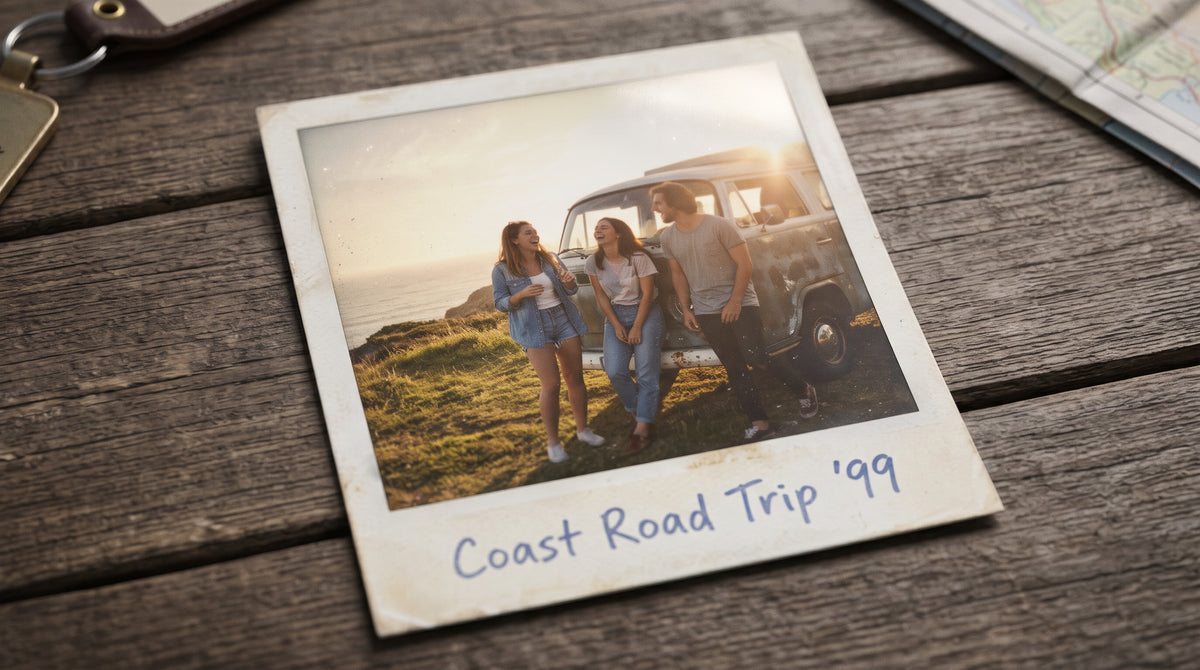 Vintage 90s Polaroid Style Photo Print Digital Stock Image – Nostalgic Coastal Road Trip Van Life Photography, Instant Download High-Resolution JPEG for Creative Projects & Design